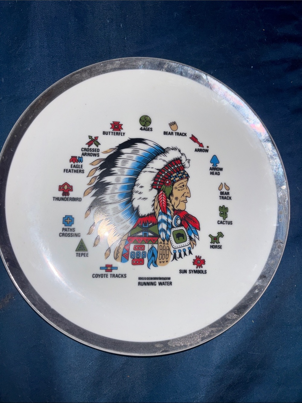Source Unknown White Ceramic Plate with Multicolor Headdress Motif